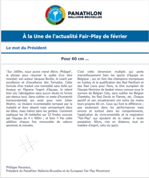 Panathlon International Club Wallonie-Bruxelles - Newsletter février 2024